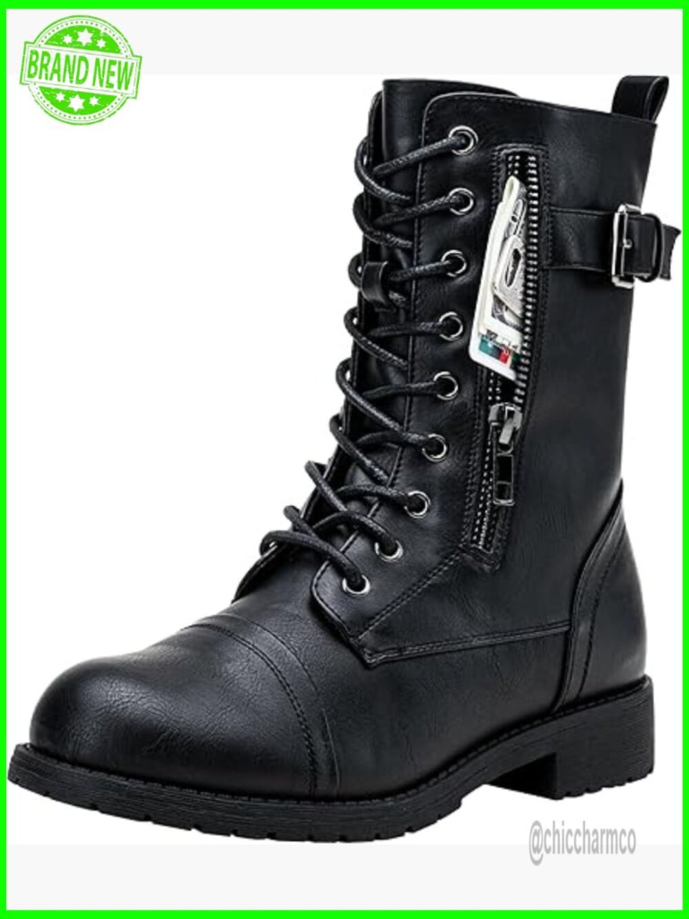 Mid Calf Combat Boots with Card Wallet Pocket